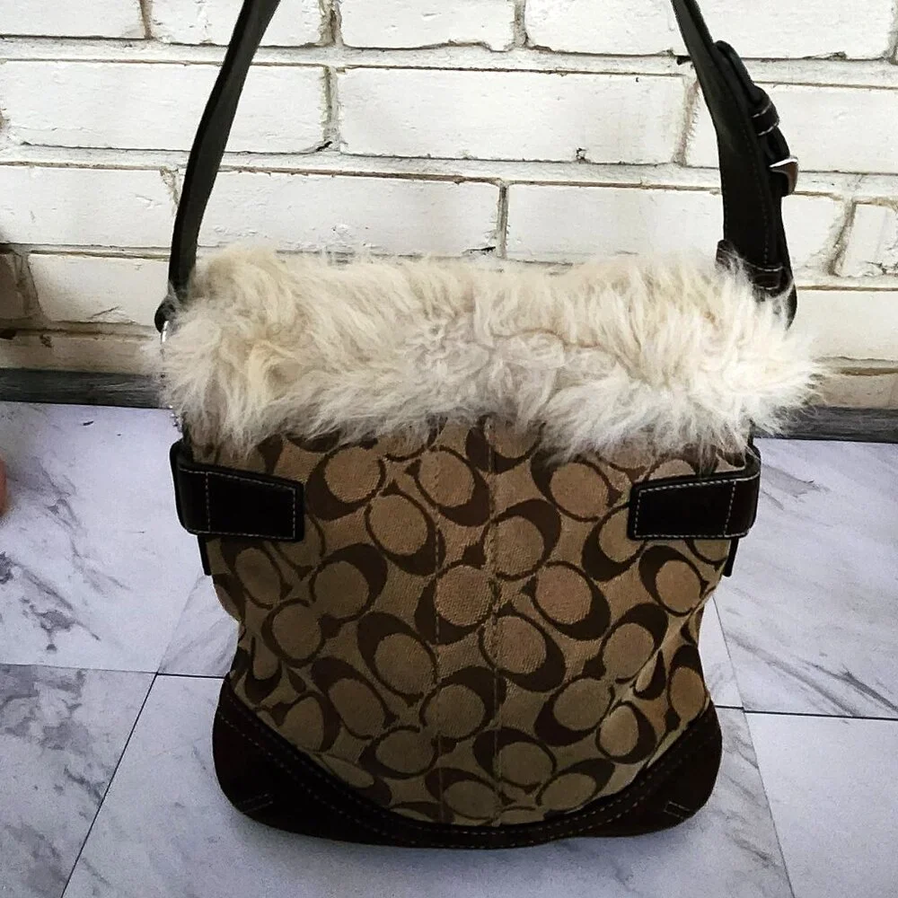 Euc Coach Signature Canvas Shearling Duffle Khaki Handbag Tote Bag Purse